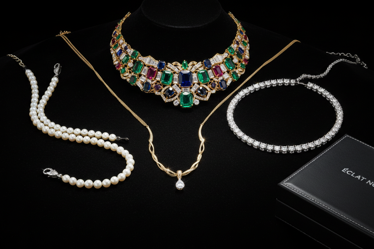 faca um kit de colares de joais realistas em fundo escuro